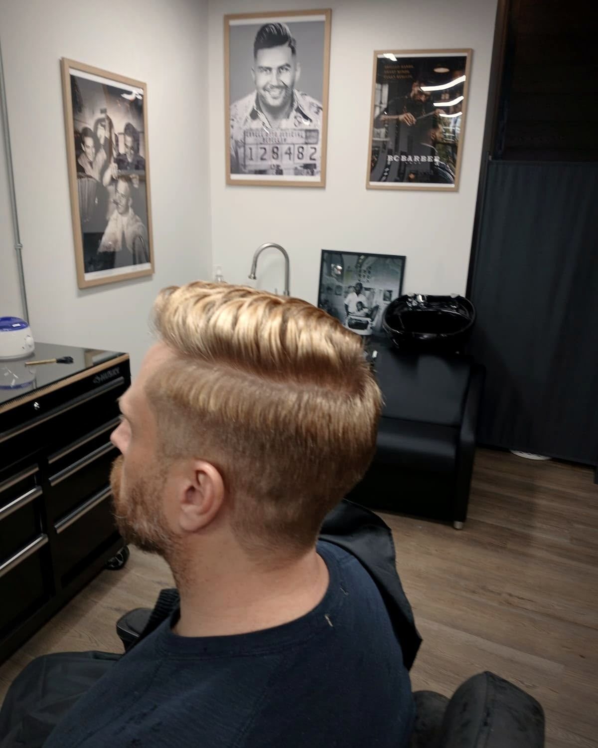 Blonde side part pompadour with a fade, BC Barber Shop