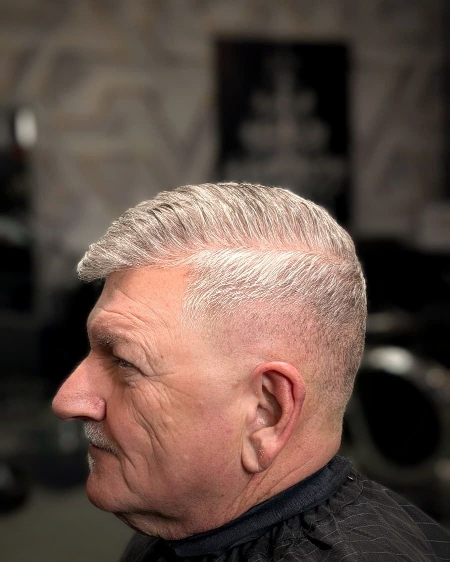 Classic side part on grey hair, BC Barber Shop