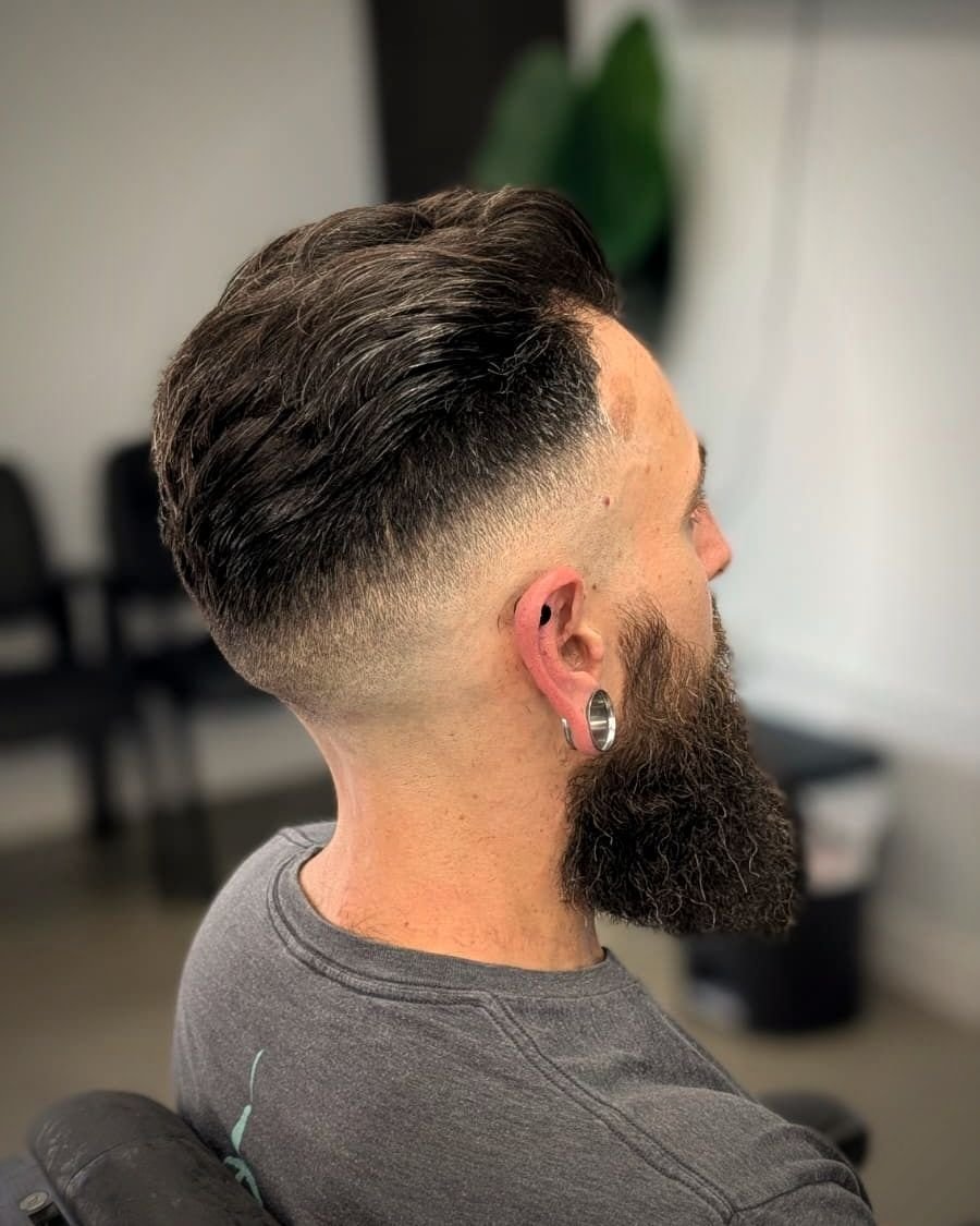 Long beard with a high fade and slick top, BC Barber Shop