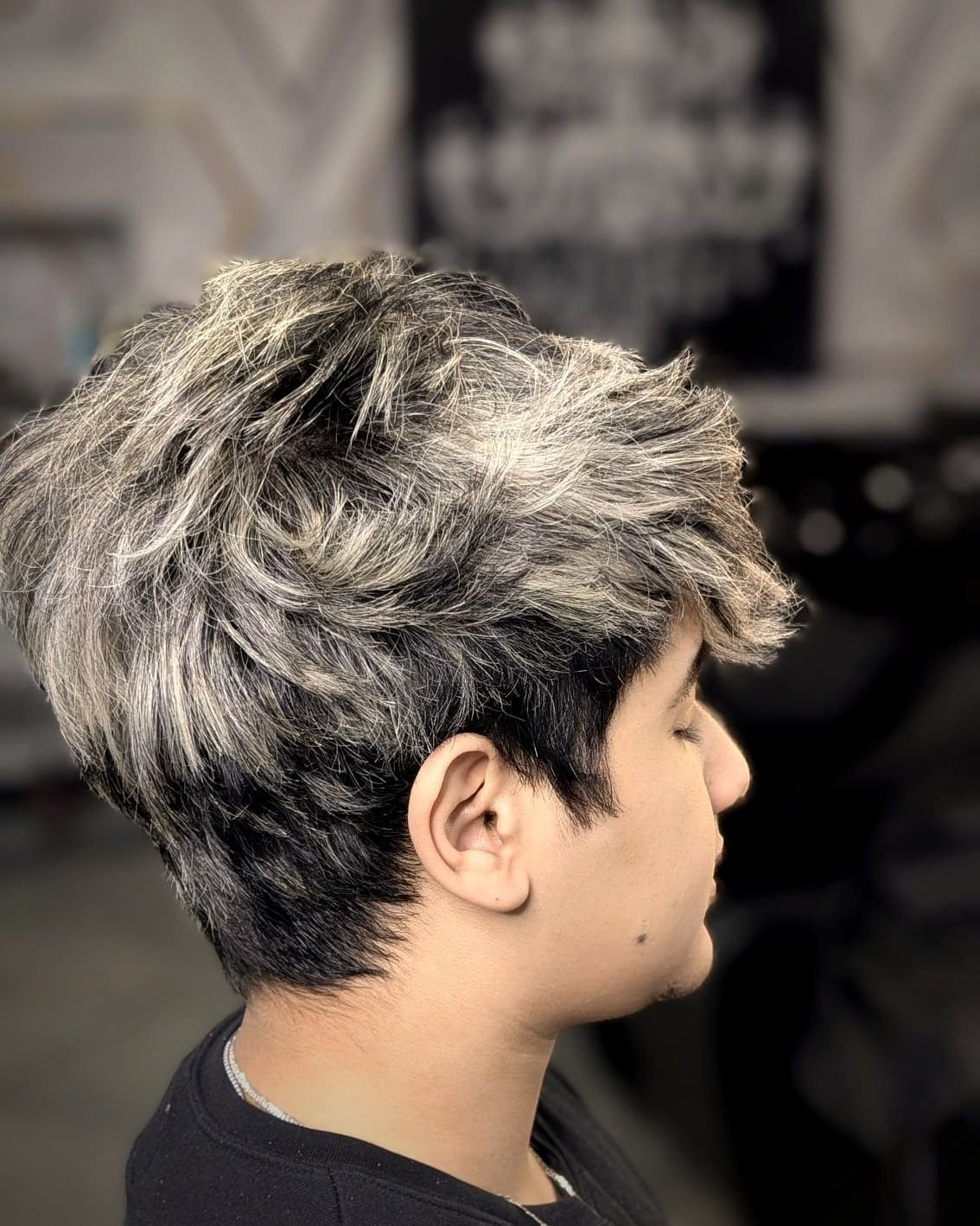 Silver highlights on dark textured hair, BC Barber Shop