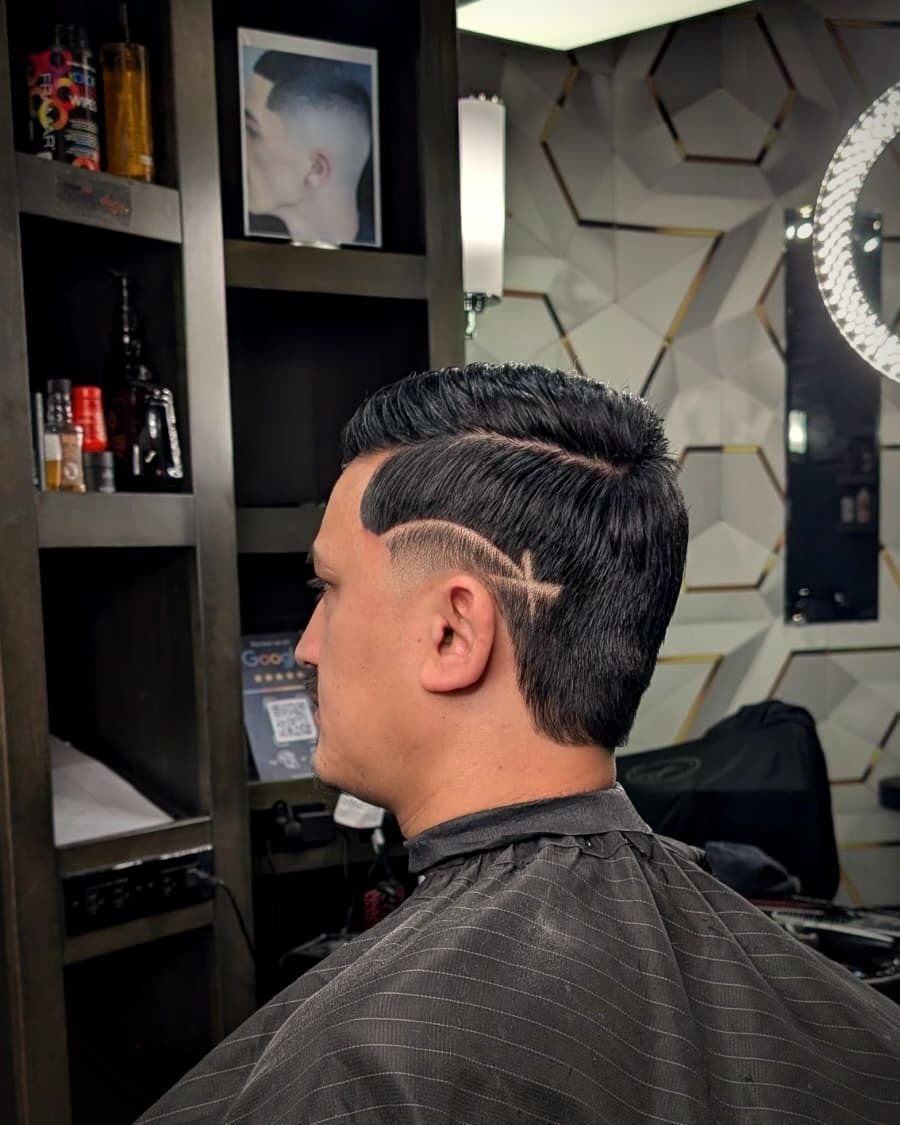 Fade with a shaved design line, BC Barber Shop